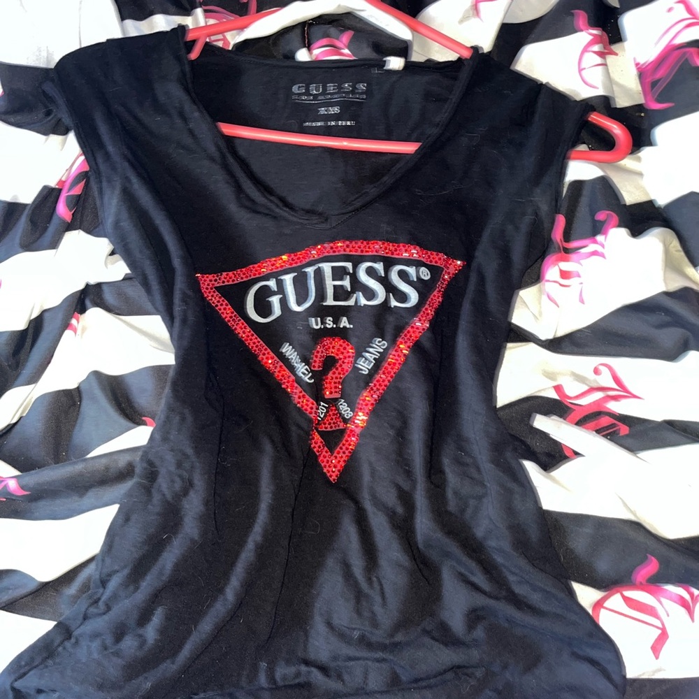 GUESS Black and Red Sequin Logo Tee
